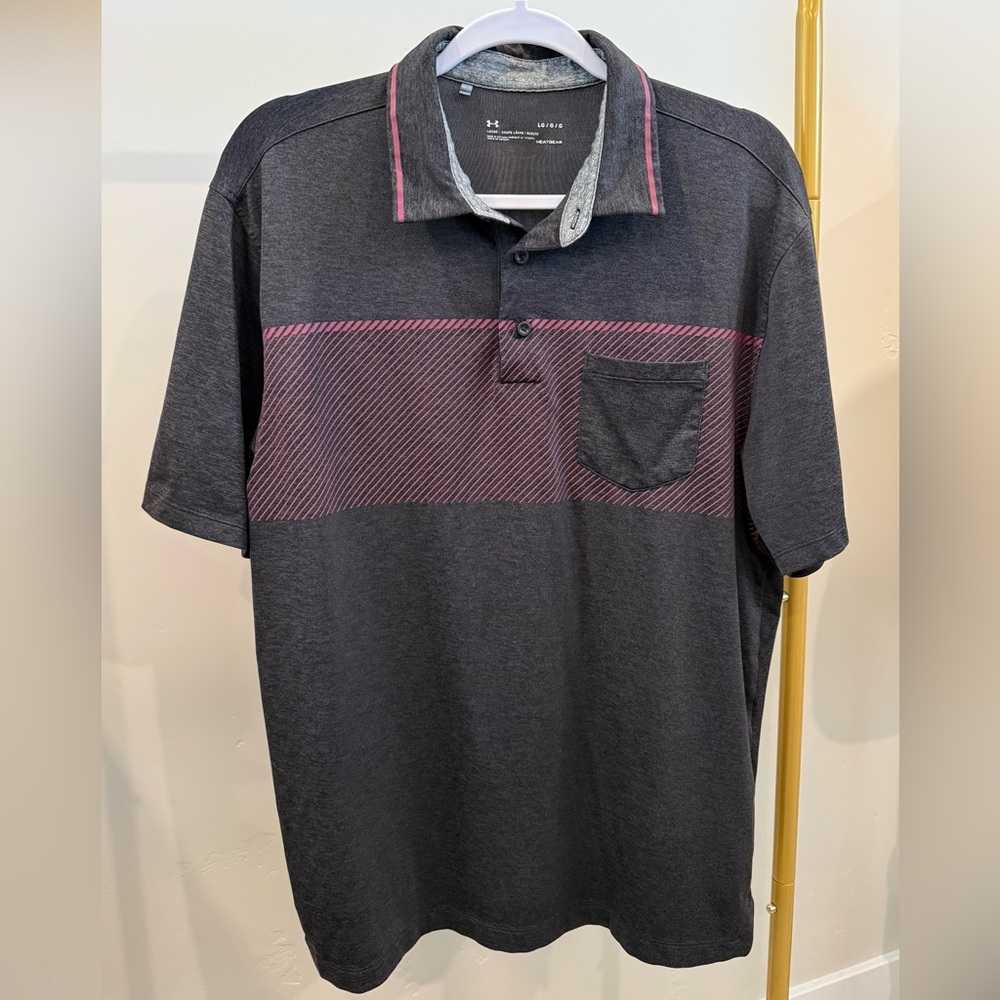 Under Armour Men’s Charcoal Polo Shirt with Magenta Stripes | Heat Gear | Large
